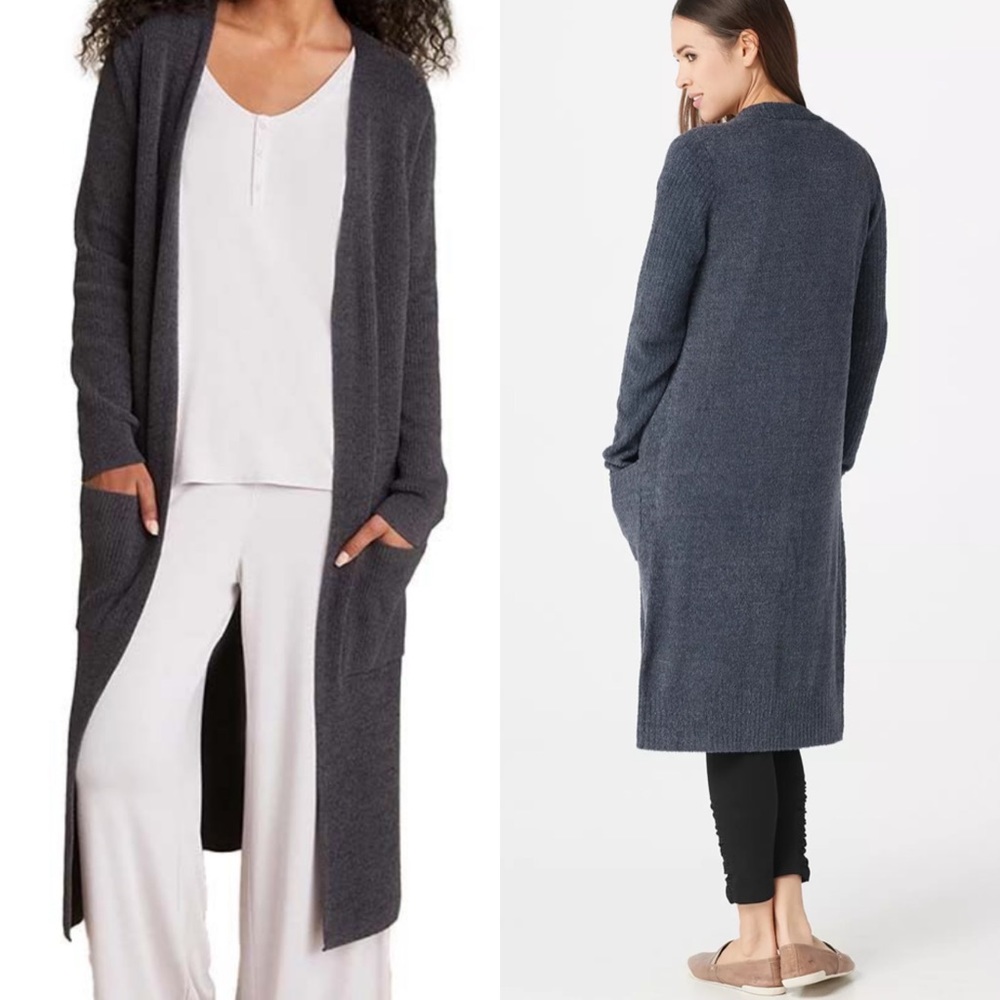 Women's Long Open-Front Charcoal Knit Cardigan Sweater